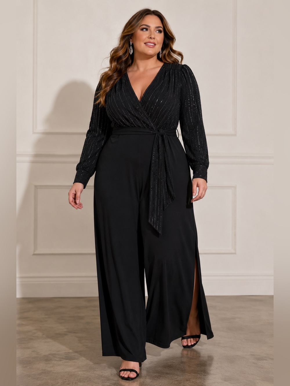 NEW DKNY Women’s Rhinestone-Striped Split-Leg Jumpsuit – Black – Size 18W